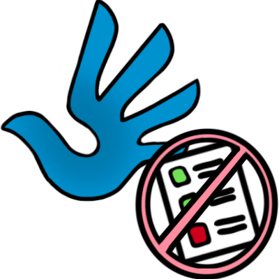 The human rights symbol, a blue handprint shaped like a dove, with a checklist. the checklist has two green boxes, one red box, and is in a crossed-out red circle.